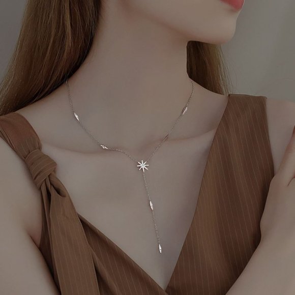 Jewelry - 925 Sterling Silver Diamond Star Dangle Drop Lariat Dainty Minimalist Necklace
